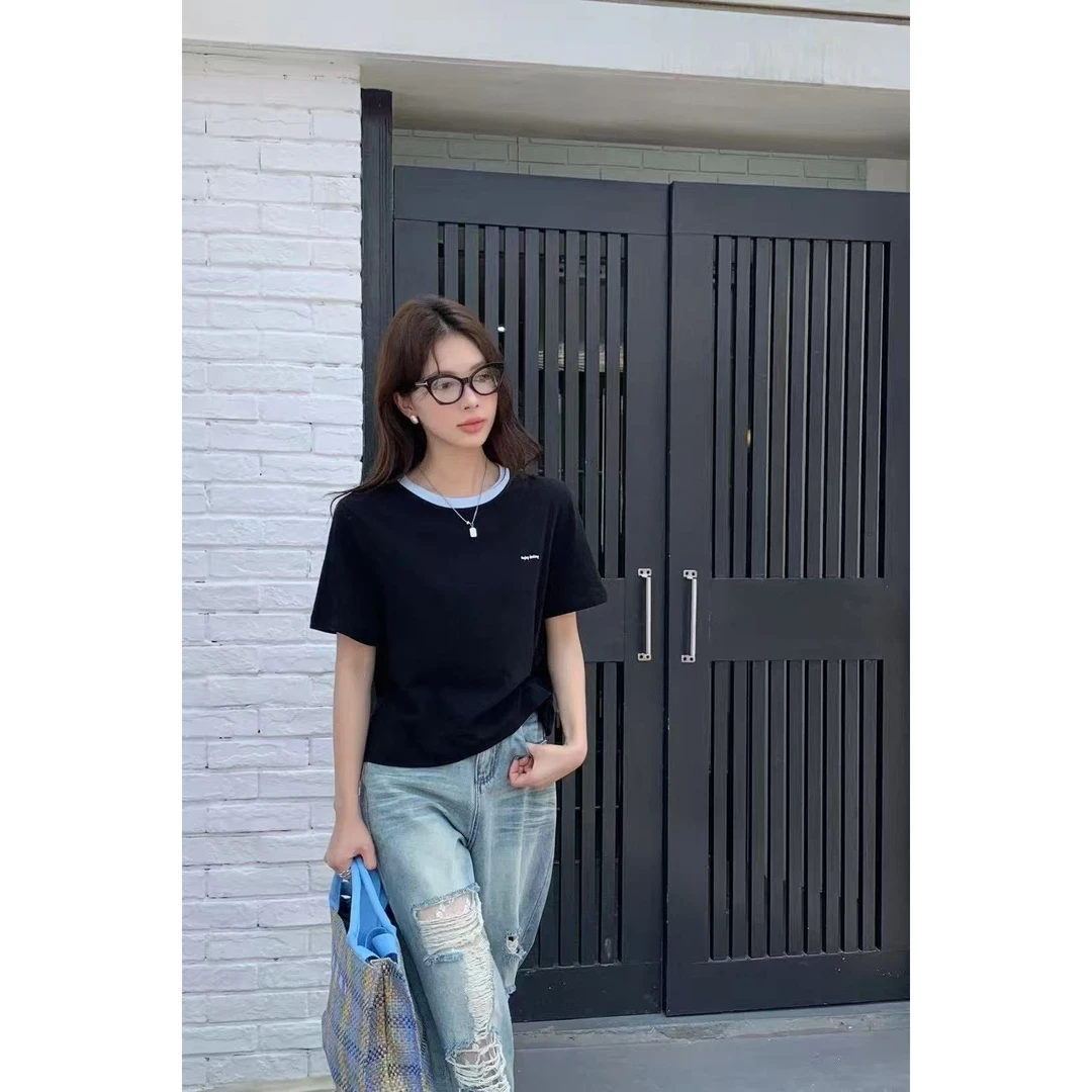 【福利】闰熙4-撞色领口刺绣短款Tee#9830