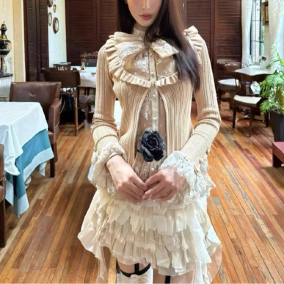 木子店蝴蝶结蕾丝荷叶边针织开衫