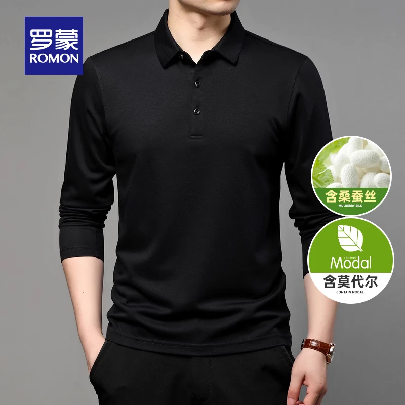 【含桑蚕丝+莫代尔】罗蒙男士长袖t恤衫2025秋季polo衫翻领打底