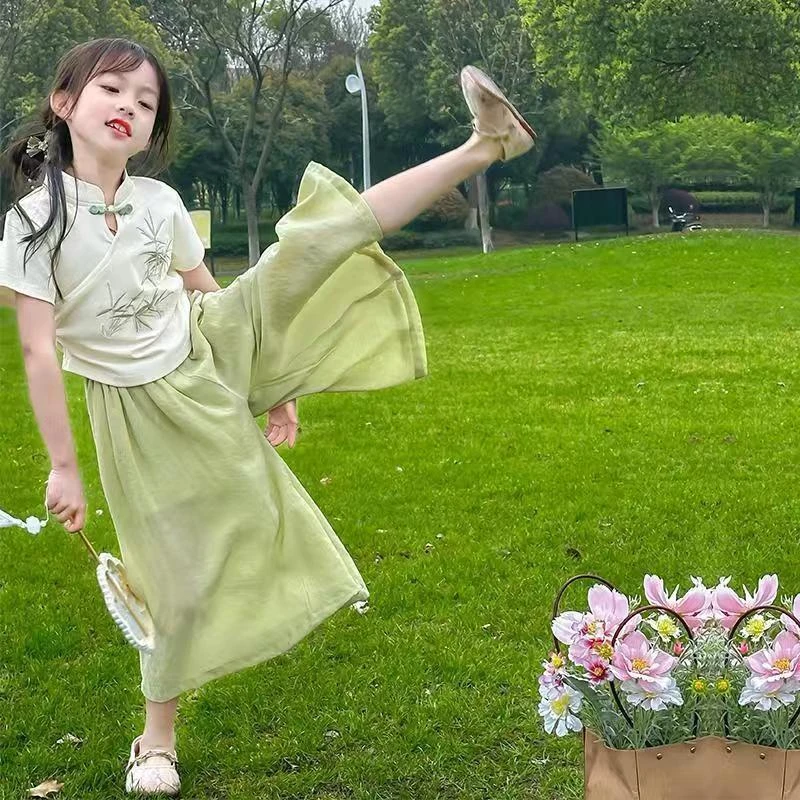 女童中式国风套装2025夏季新款中大童洋气盘扣短袖宽松裙裤两件套