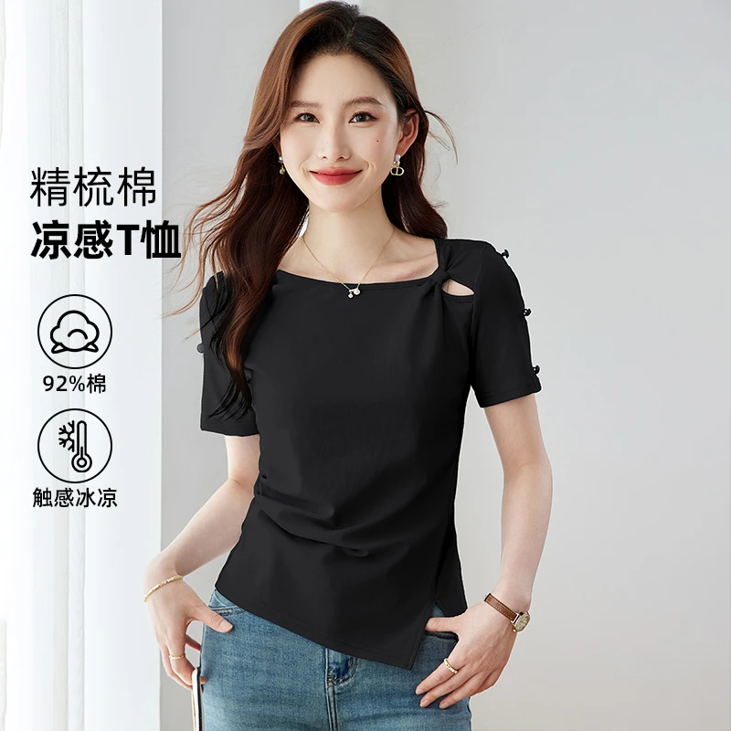 不规则开叉短袖T恤女2025夏季大码黑色洋气扭结镂空显瘦气质上衣