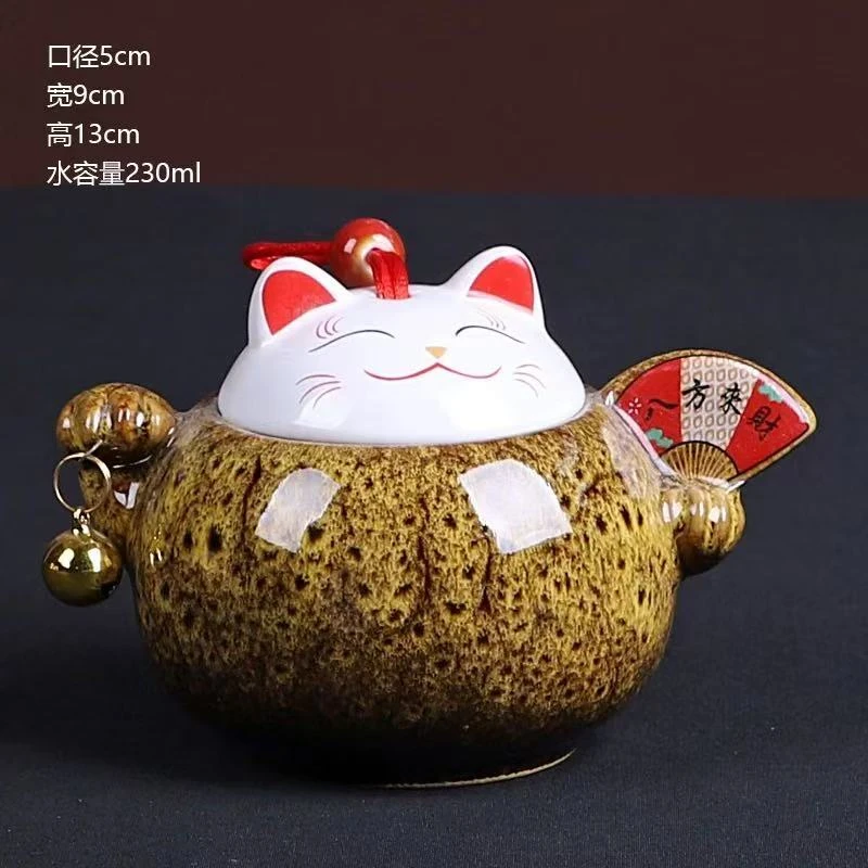 窑变黄招财猫茶叶罐大029