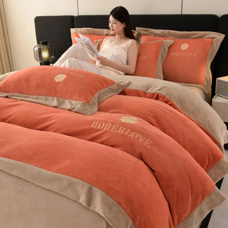 南通家纺A类高克重纯色刺绣牛奶绒四件套加厚保暖防静电毛绒套件4
