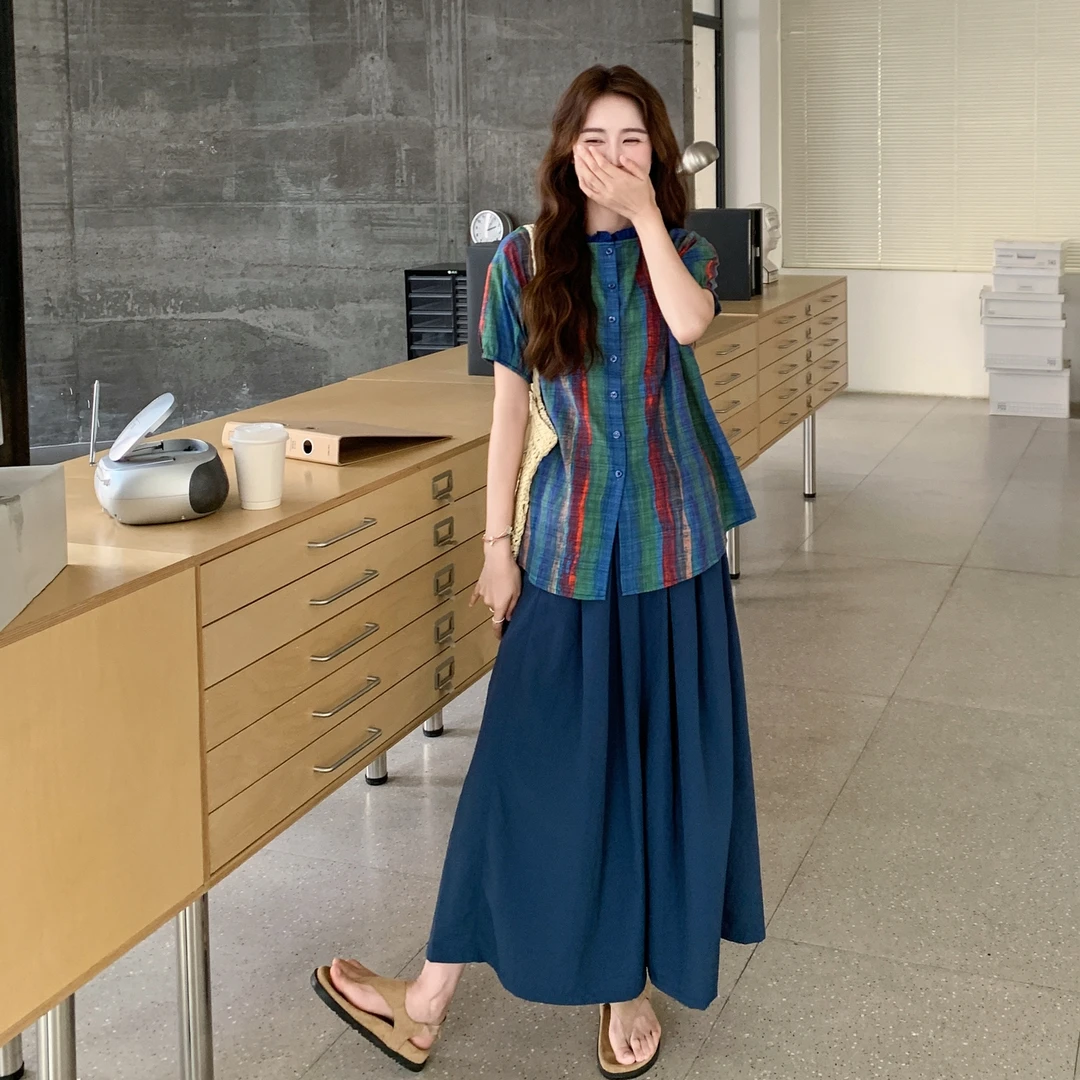 今年流行减龄显瘦遮肉条纹衬衫裤腿裤女2025夏装新款时尚两件套装