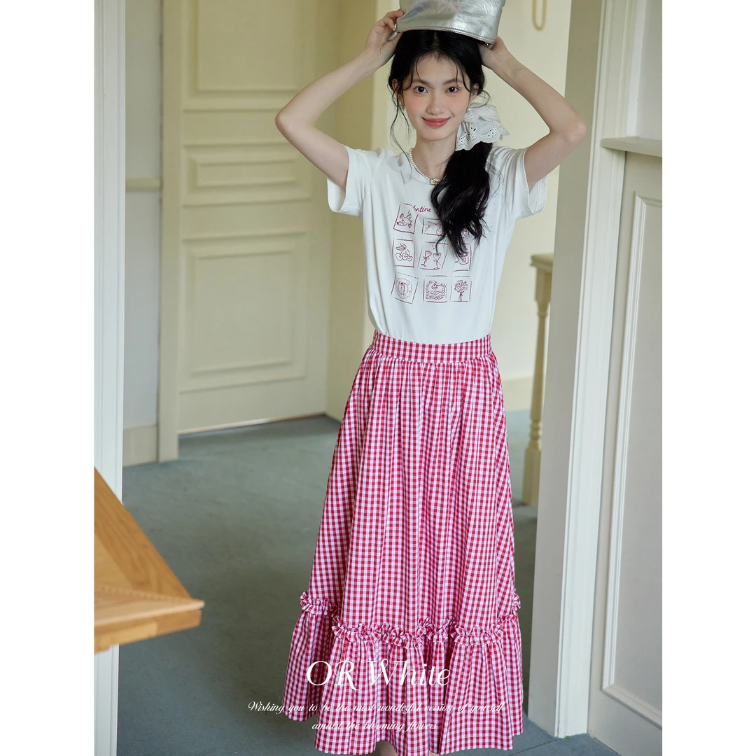 ORWhite 法式复古印花T恤女夏红白圆领短袖基础款打底衫上衣短袖