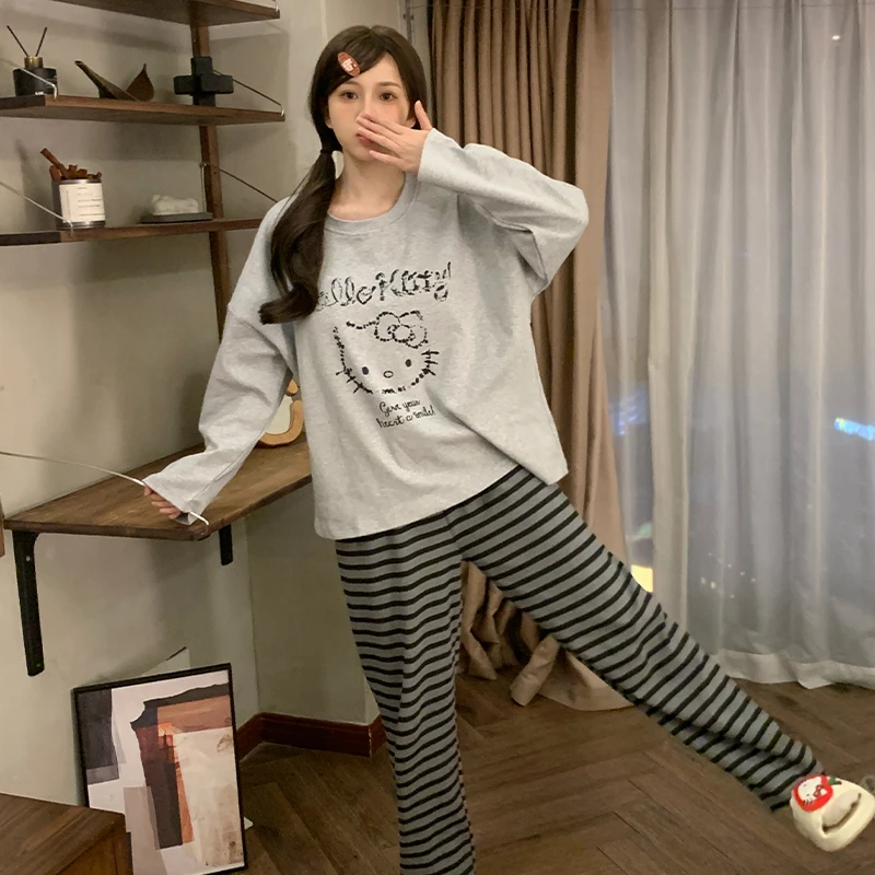 2025新款睡衣女春秋季长袖甜美可爱条纹kt猫家居服套装可外穿