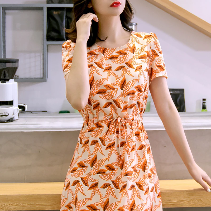 【品牌特价】8608雪纺印花连衣裙气质女抽绳系带收腰显瘦裙子