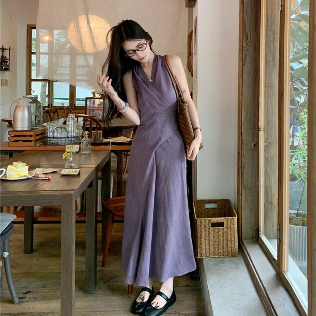 V领挂脖连衣裙夏季2025新款别致紫色掐腰裙显瘦背心裙a字长裙2130