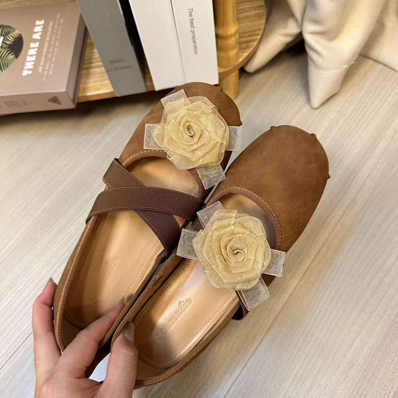 真皮5cm内增高百搭温柔芭蕾舞风法式单鞋软底圆头山茶花平底舒适