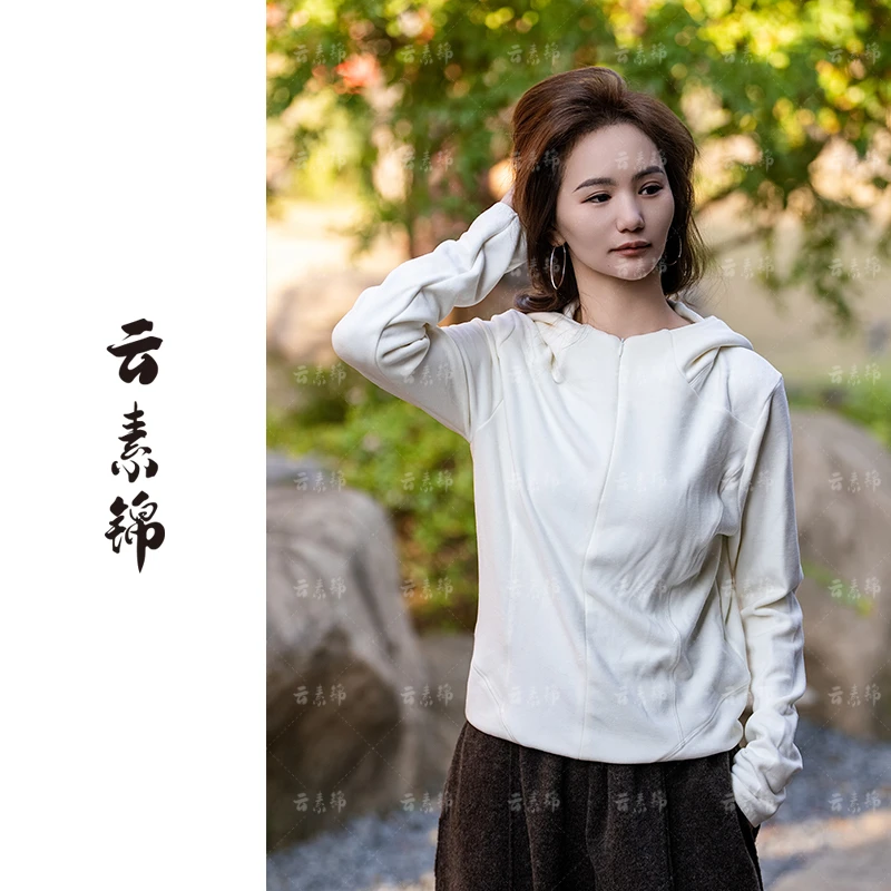 【云素锦】绵羊毛桑蚕丝混纺柔软亲肤显瘦半拉链连帽卫衣#a88755