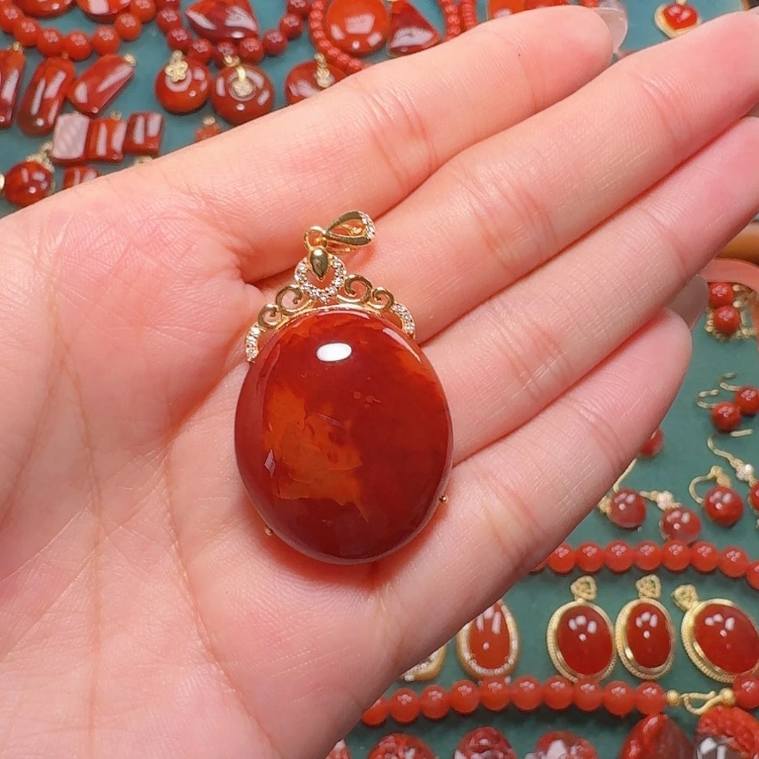 南红玛瑙银S925镶嵌吊坠