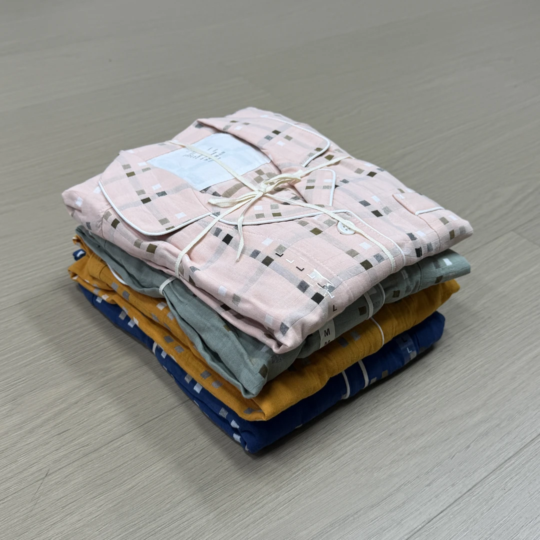 【清仓福利】全棉双层纱四宫格短袖长裤套装夏季透气提花家居服睡衣