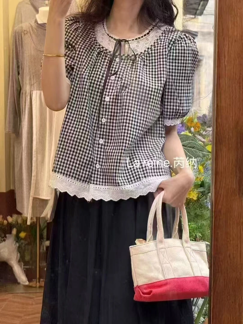圆领开门襟短袖薄款提花常规衬衫夏季上衣时尚娃娃领复古拼接方领