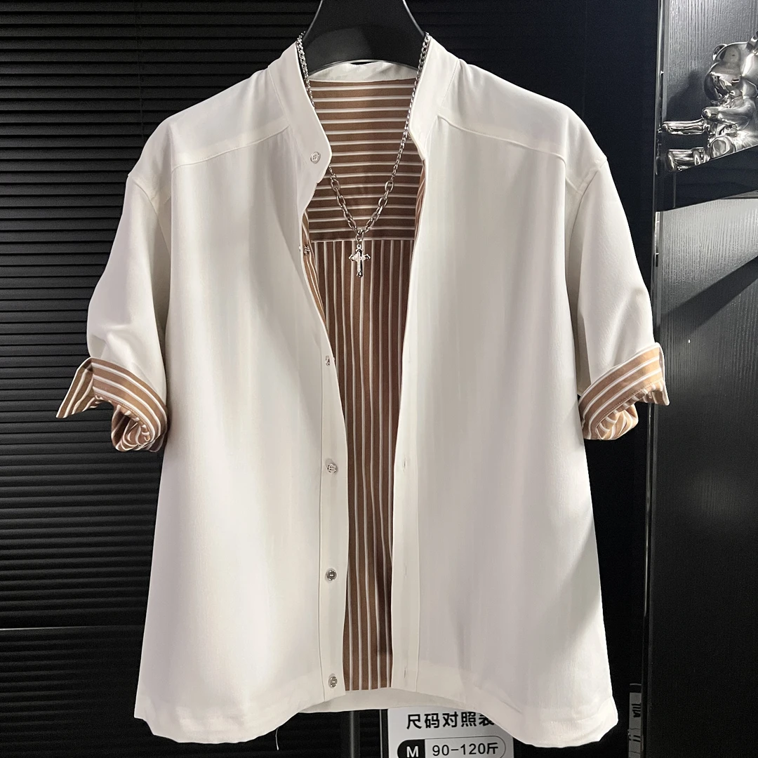 Vi-高级感两面穿冰丝男士短袖衬衫休闲百搭帅气简约宽松衬衣夏季