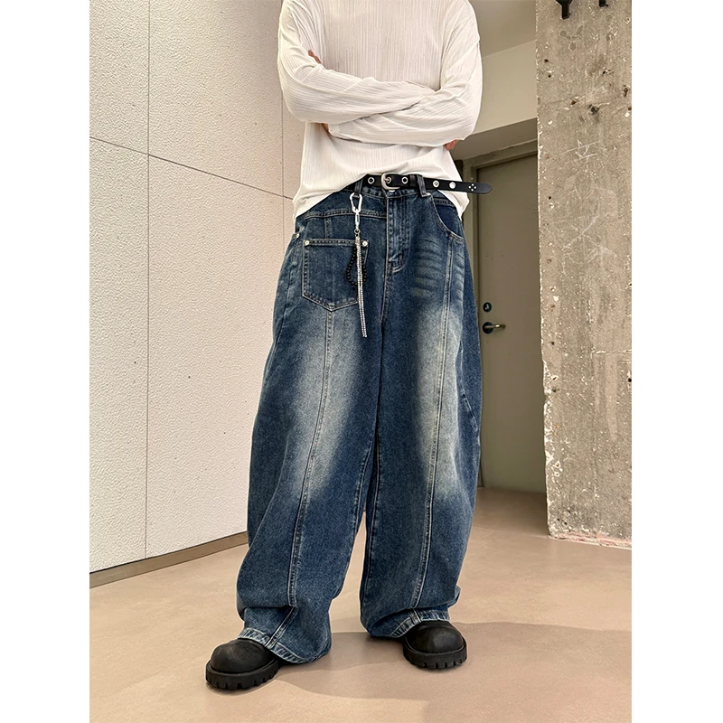 pop男装 02303 美式高街复古做旧牛仔裤宽松直筒休闲拖地长裤