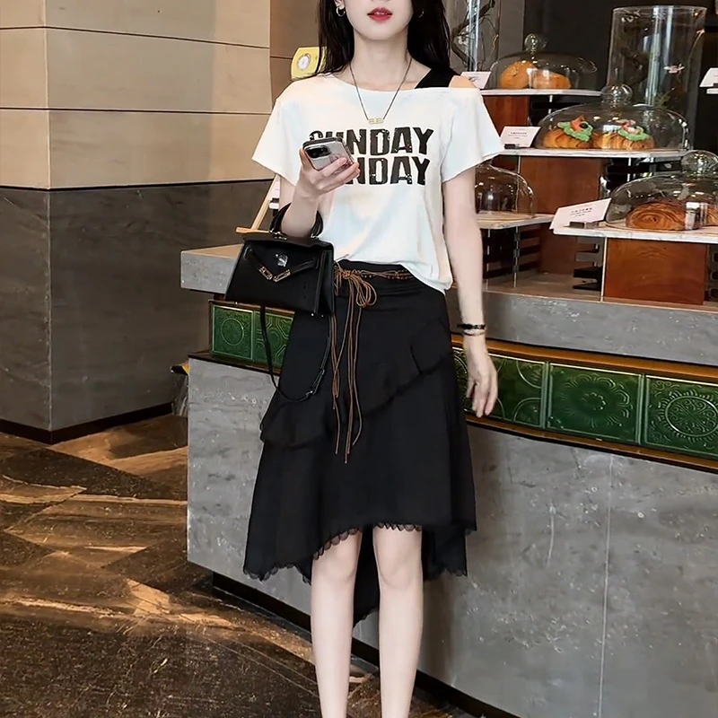 洋气休闲套装2025夏季时尚减龄露肩短袖T恤不规则半身裙两件套