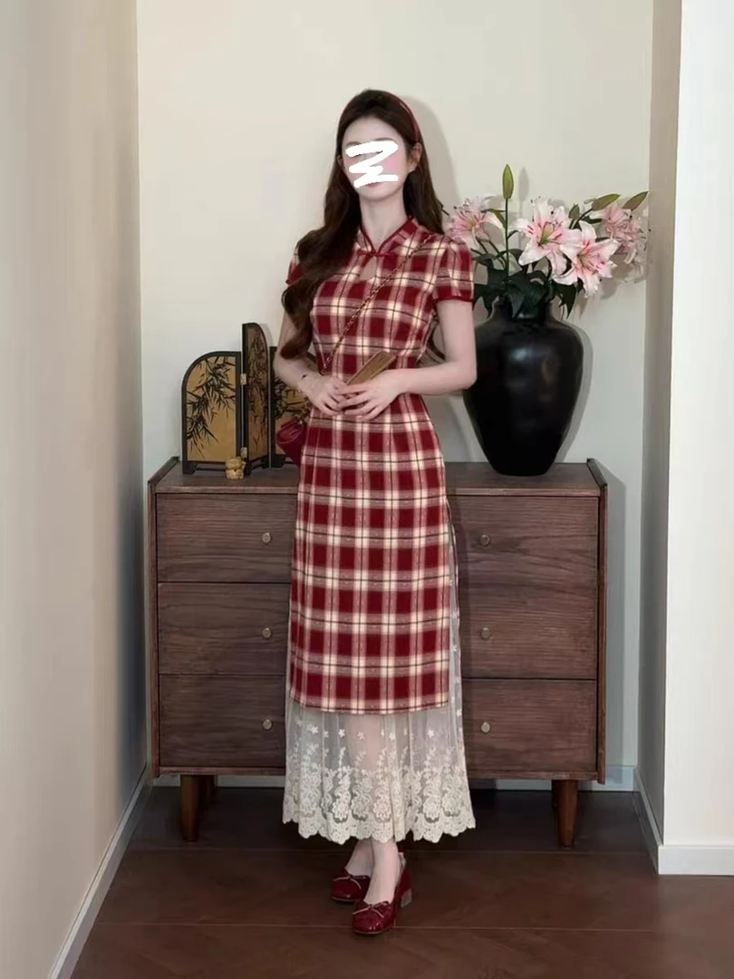 现631-2#【枫糖晚】新中式复古风格纹蕾丝拼接刺绣假两件旗袍连衣裙