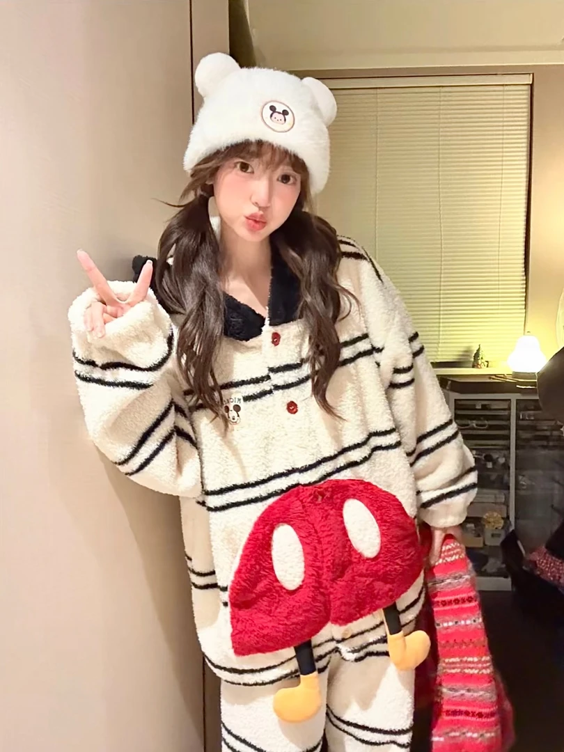 韩系连帽条纹米奇睡衣女冬季保暖加绒加厚珊瑚绒家居服套装可外穿