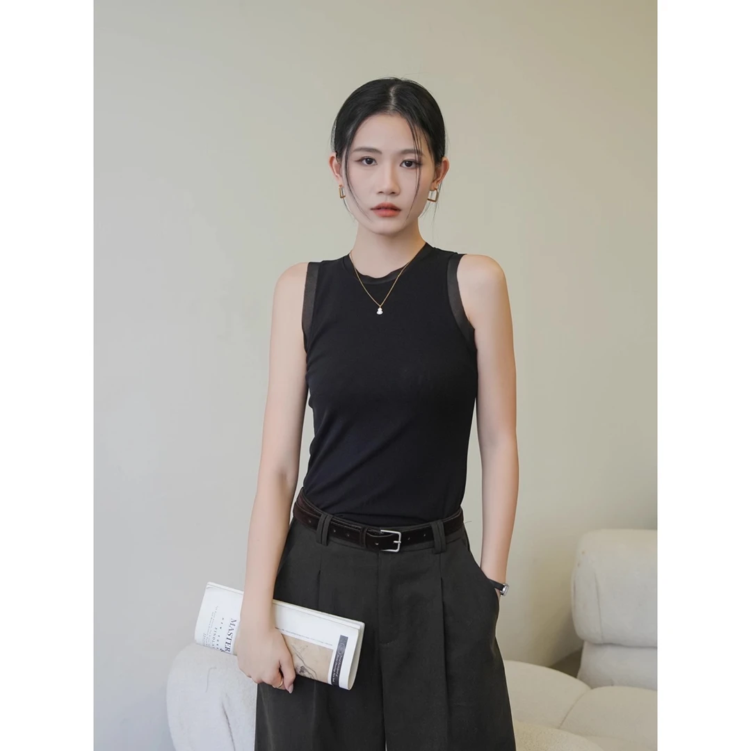 黑色网纱吊带背心女2025新款早秋遮副乳显瘦时尚无袖打底内搭上衣