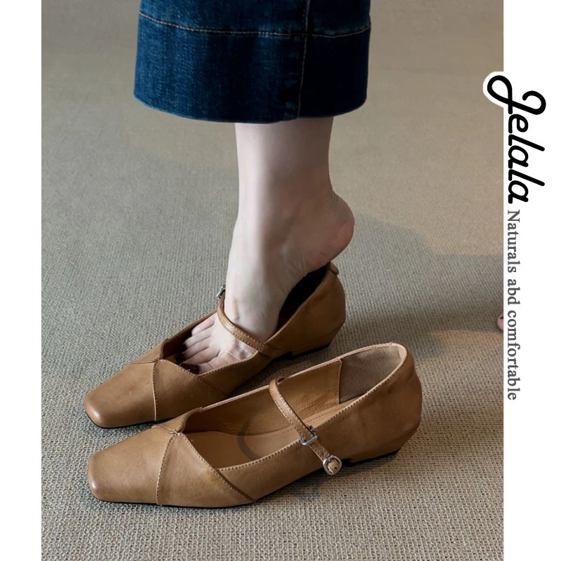 JELALA·3cm复古杏色玛丽珍鞋女春季新款低跟一字扣方头单鞋D167