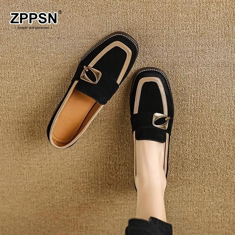 ZPPSN#2025春秋新款英伦风粗跟方头真皮复古小皮鞋金属扣高跟单鞋