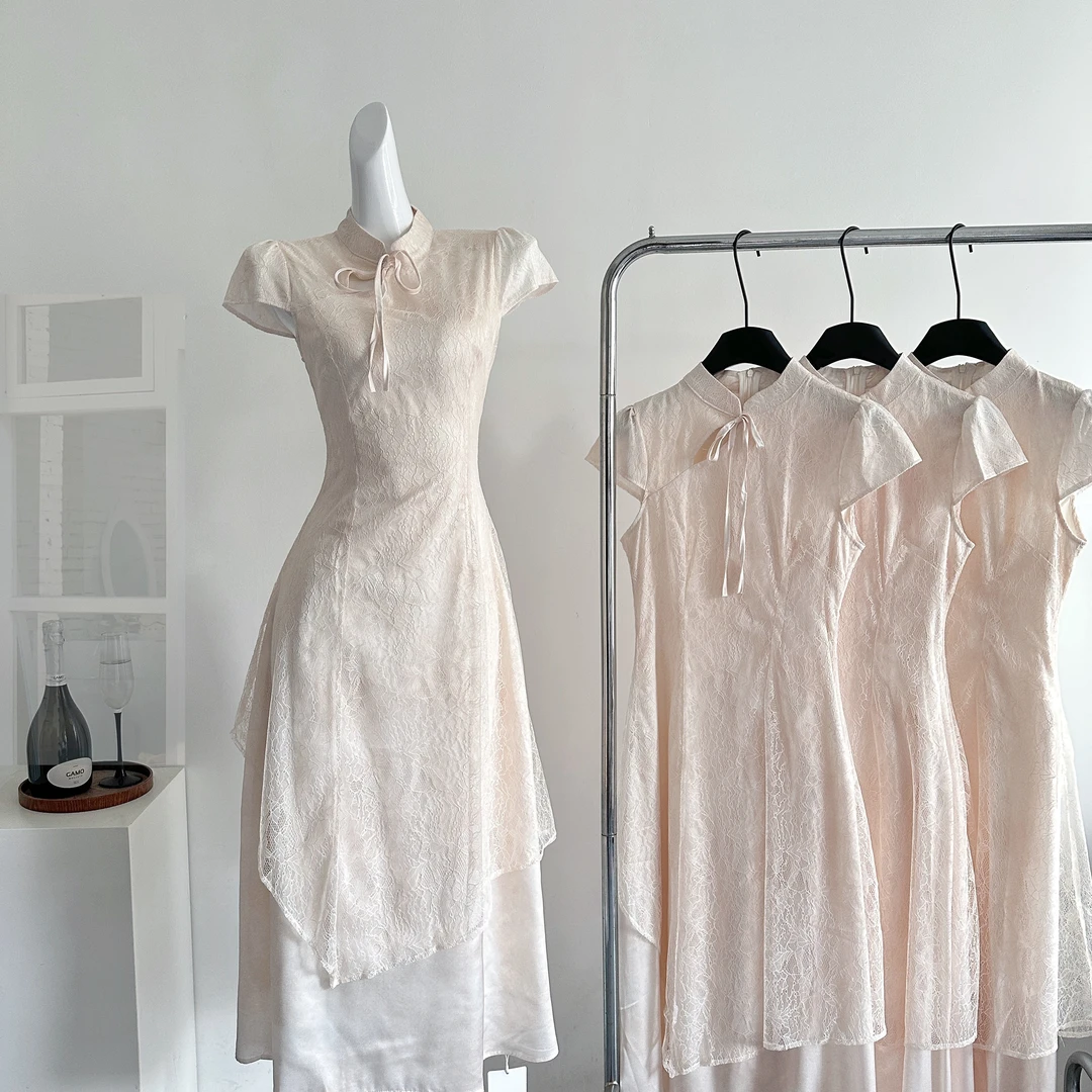 凌茜恣禾幻真新中式假两件改良旗袍女春夏立领蕾丝拼接镂空连衣裙