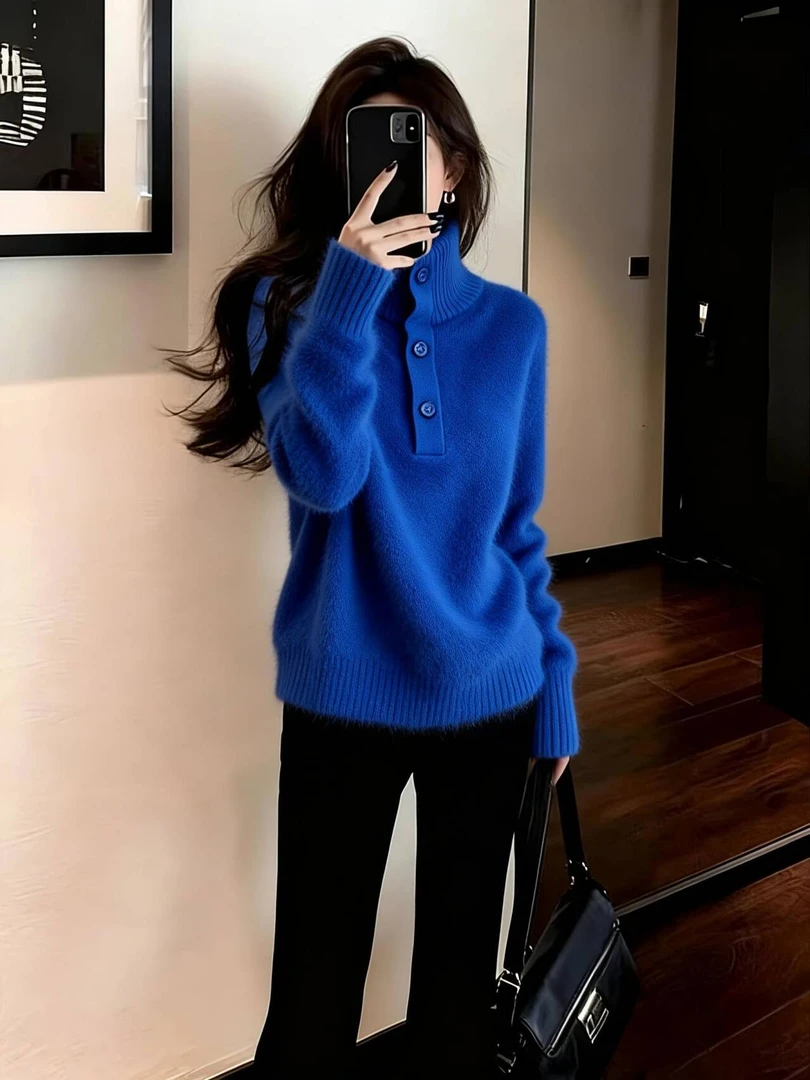 潮流时尚百搭休闲极简保暖蓝色针织衫女2025冬套头堆堆领半扣毛衣