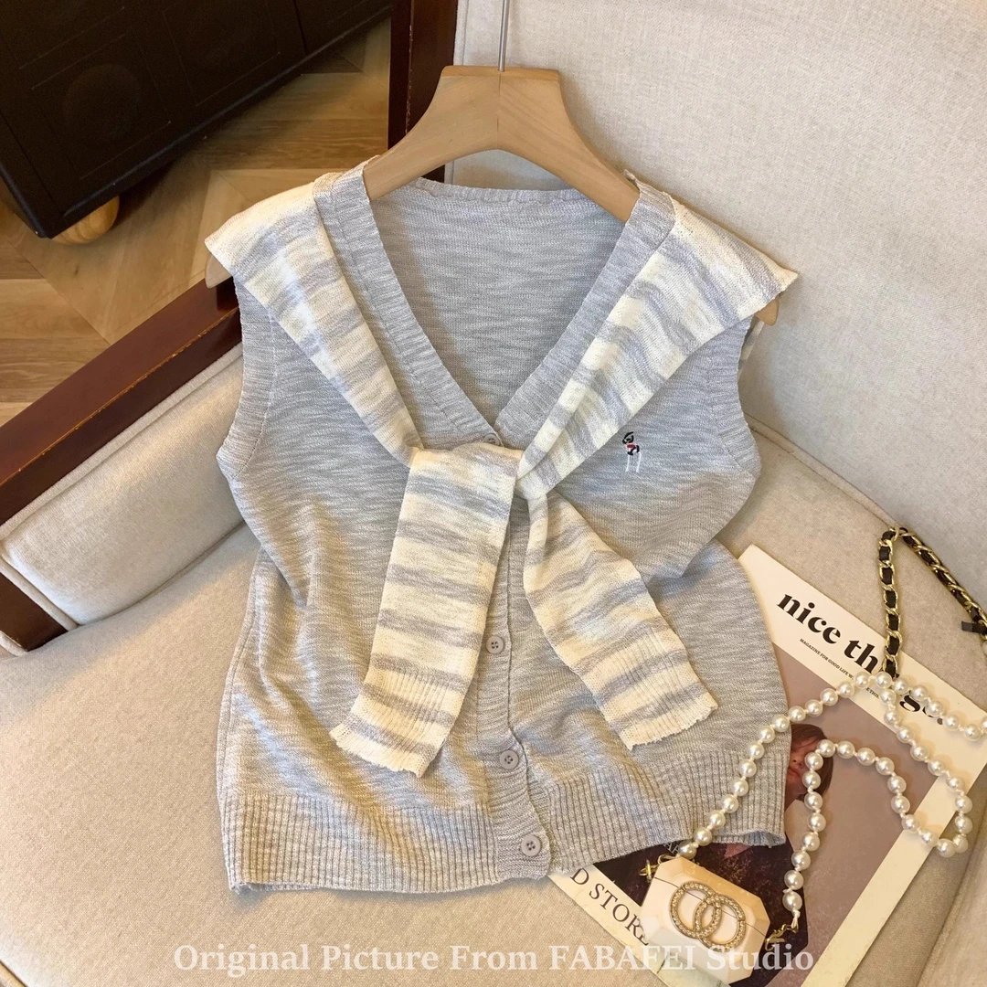 韩版撞色条纹披肩背心女2025夏季薄款冰丝针织短袖T恤无袖小上衣