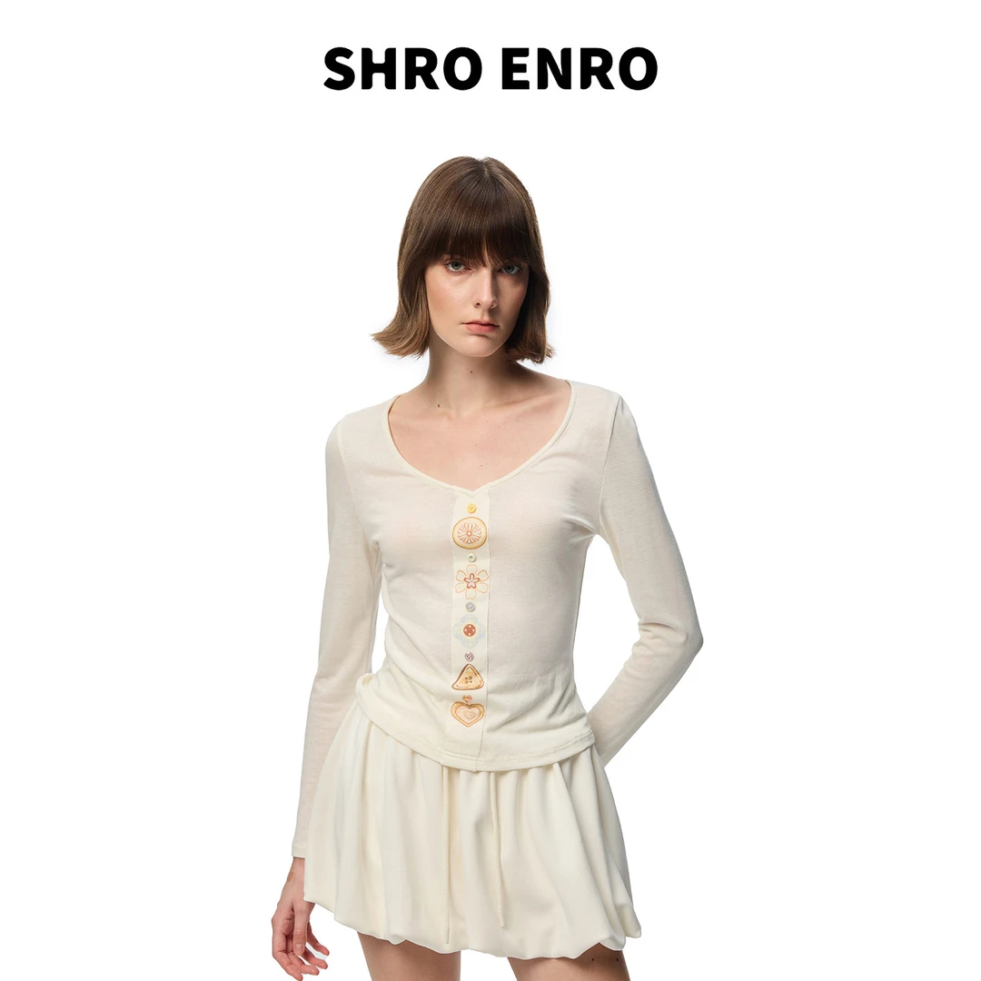 SHRO ENRO 2026年春季新款显贵气V领装饰小衫T恤上衣S62S02LH552S