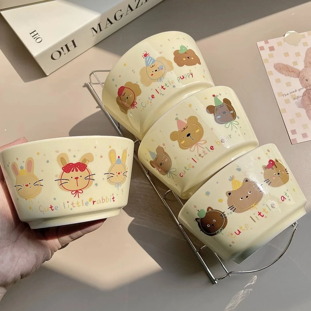 元族ins风奶油风动物派对家用饭碗套装陶瓷面碗学生宿舍用泡面碗