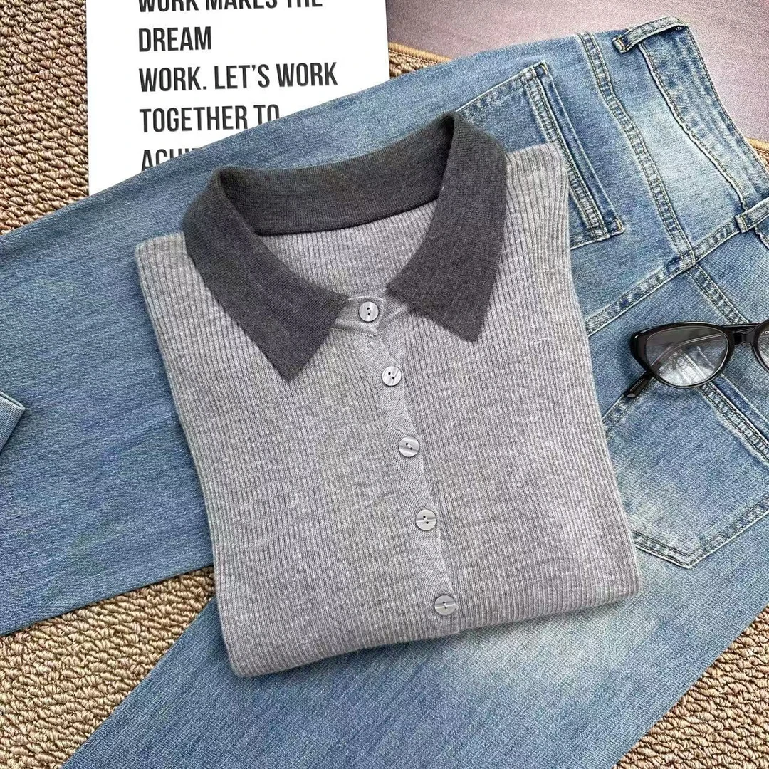 秋上新 领口撞色显瘦针织~修身遮肉百搭 翻领针织衫T061灰