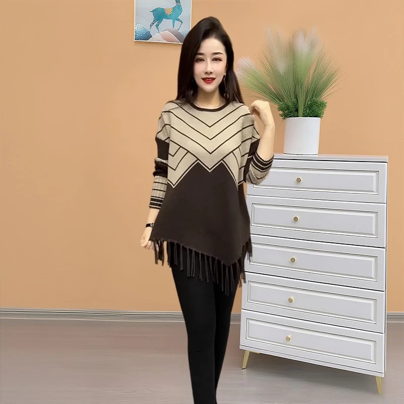 高档不规则流苏针织衫女2025秋冬新款宽松遮肚显瘦洋气妈妈打底衫