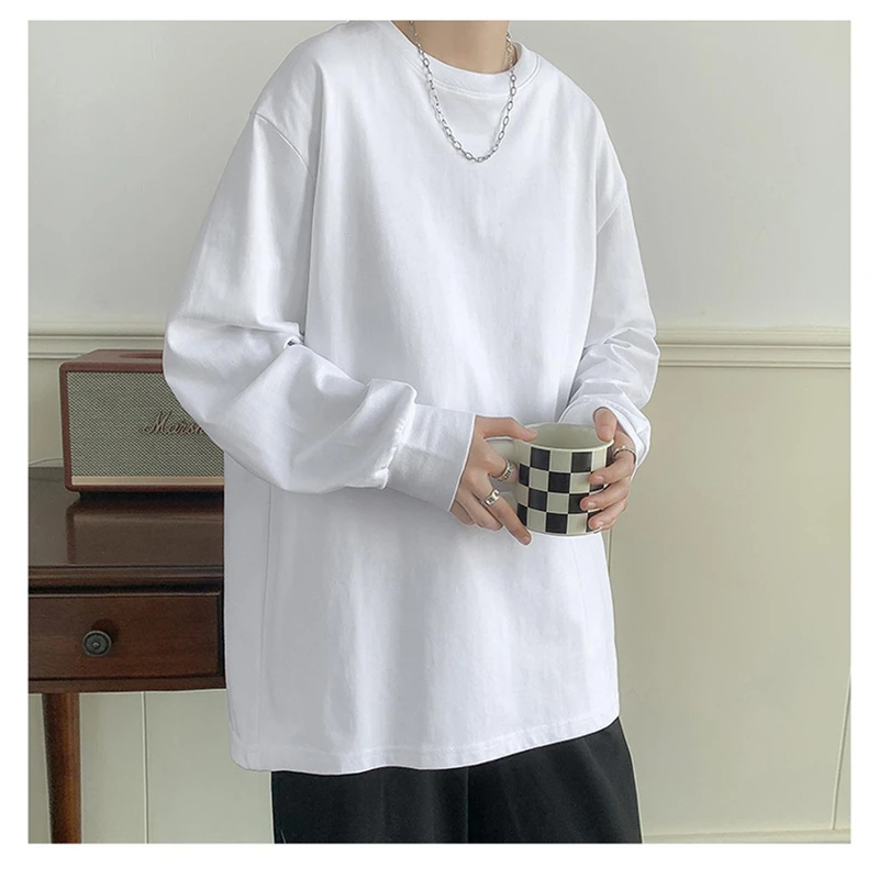 美式重磅长袖t恤男春秋纯棉纯色白色打底衫圆领T恤男百搭