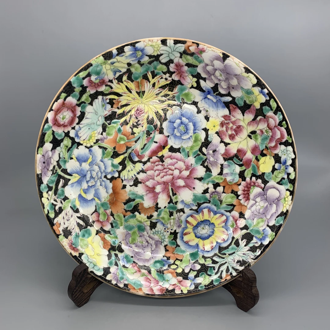 32503017*民国墨地粉彩百花不露地纹盘/瓷器三/江苏省文物总店