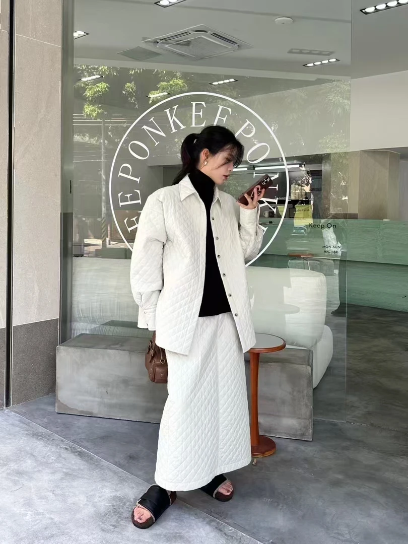 新款气质菱格翻领加厚长袖半身裙套装设计师时尚秋冬潮流