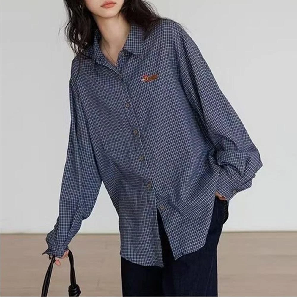 刺绣小狗慵懒格子衬衫上衣外套女春秋韩版宽松百搭休闲长袖衬衣潮