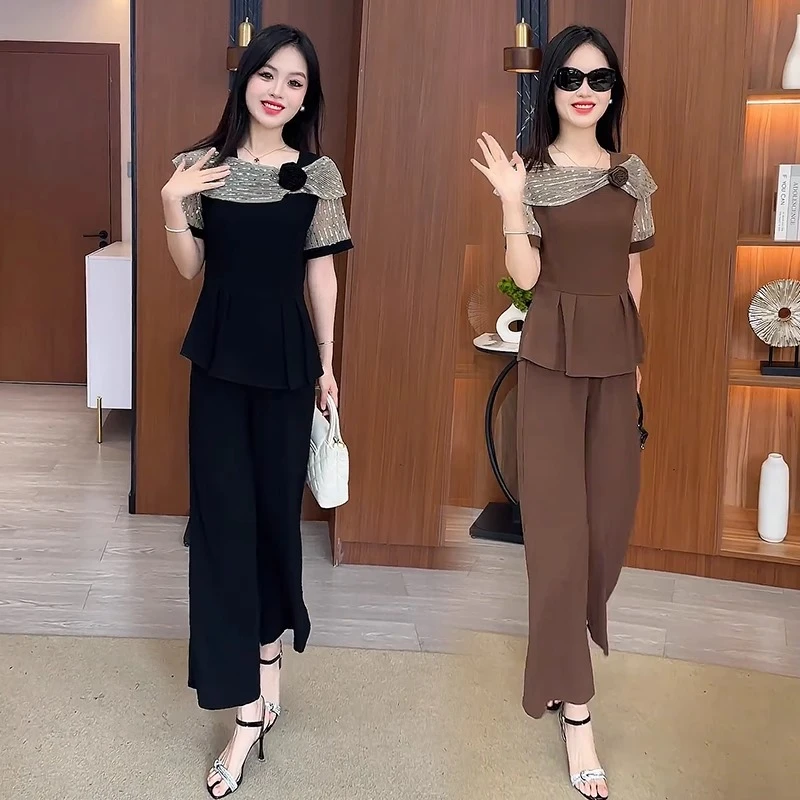 时尚气质套装女2025夏季新款高级感拼接短袖高腰阔腿裤显瘦两件套
