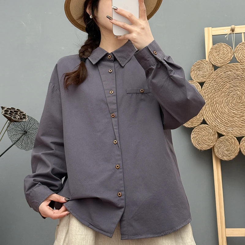 纯棉设计感不规则门襟时髦调性灰紫色衬衣开衫宽松韩版显瘦衬衫女
