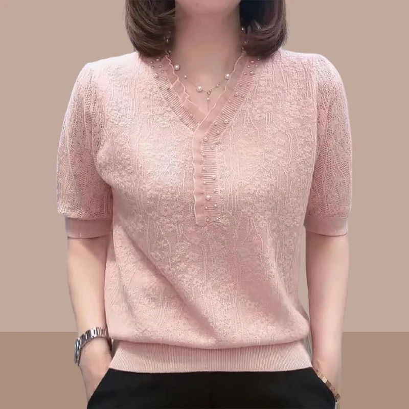 气质v领钉珠提花针织衫夏装蕾丝短袖t恤女士2025新款打底内搭上衣
