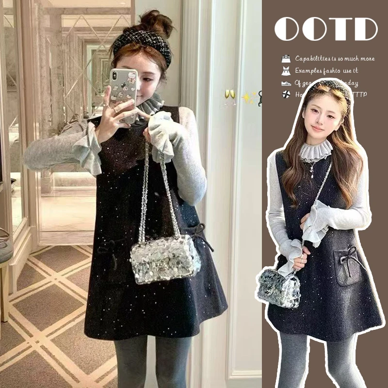 亮片蝴蝶结毛呢背心连衣裙百搭花边打底衫孕妇两件套百搭宽松