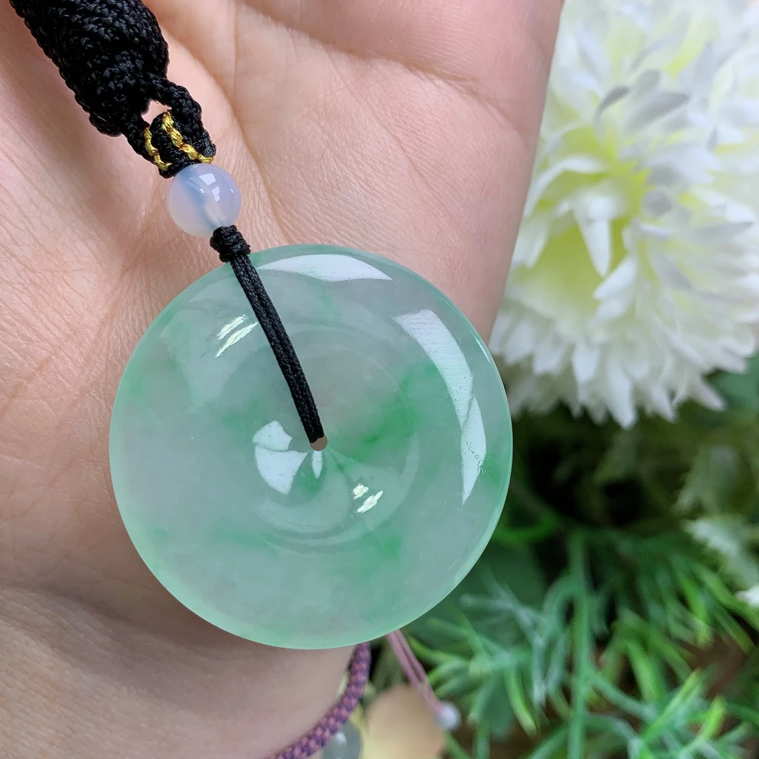 缅甸天然翡翠a货玉石冰种起胶飘阳绿平安扣吊坠尺寸35/5.5mm大