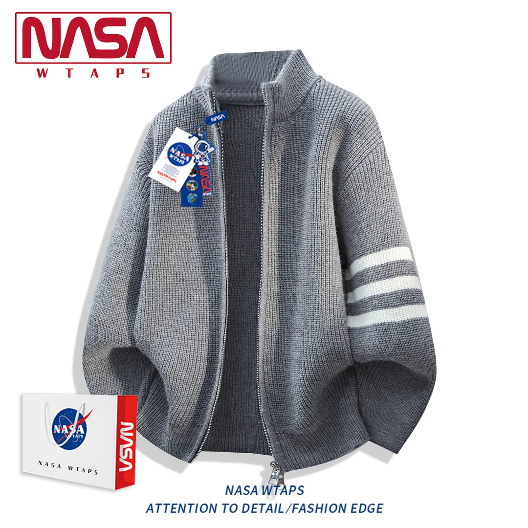 NASA WTAPS双拉链简约纯色针织毛衣男款秋冬季休闲情侣开衫外套男