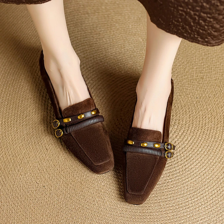 软羊皮~2.5cm复古风深口单鞋真皮粗跟一脚蹬乐福鞋英伦风软底女鞋