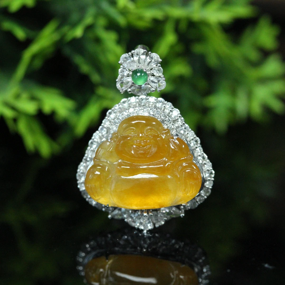 天然缅甸翡翠A货18K金镶冰黄乐观豁达佛公吊坠/01035025/拍卖