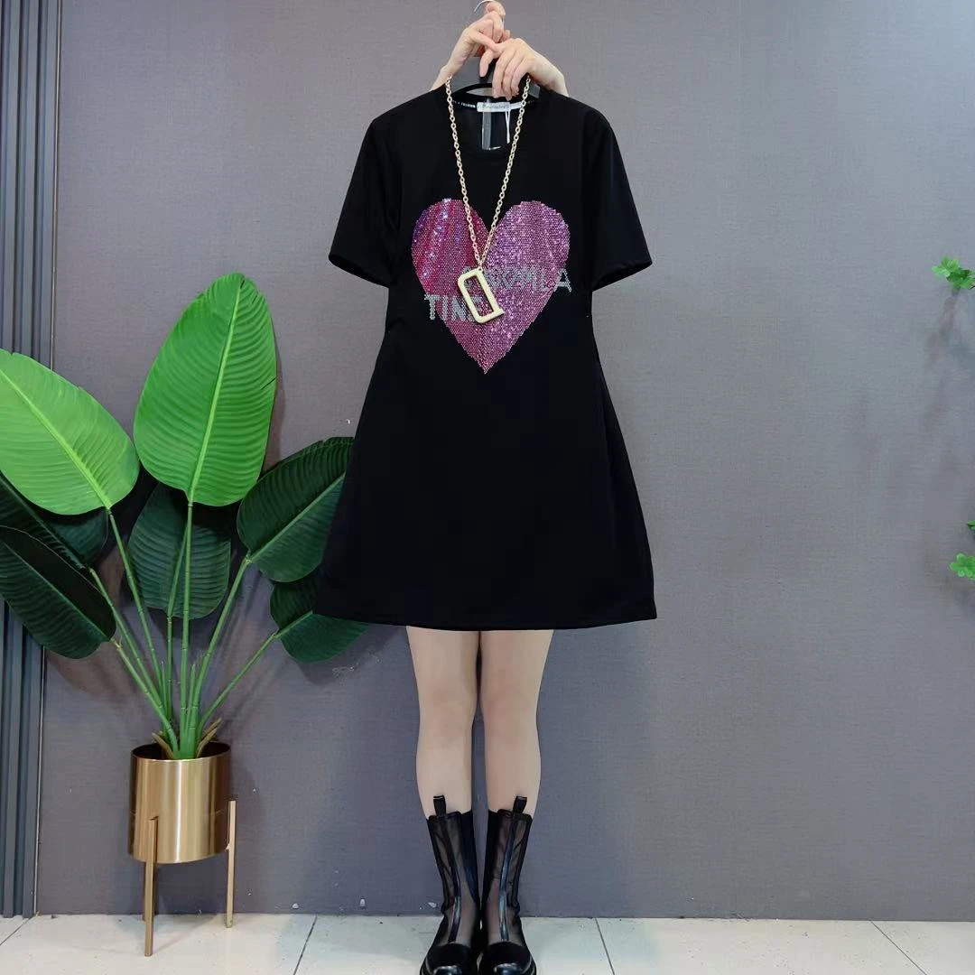 欧货宽松遮肉女装百搭胖mm时尚百搭减龄亮钻宽松洋气显瘦连衣裙