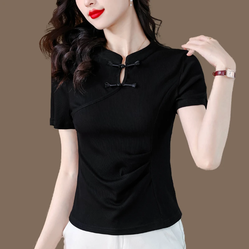 黑色短袖t恤女2025夏新款气质修身显瘦复古盘扣国风设计感上衣女