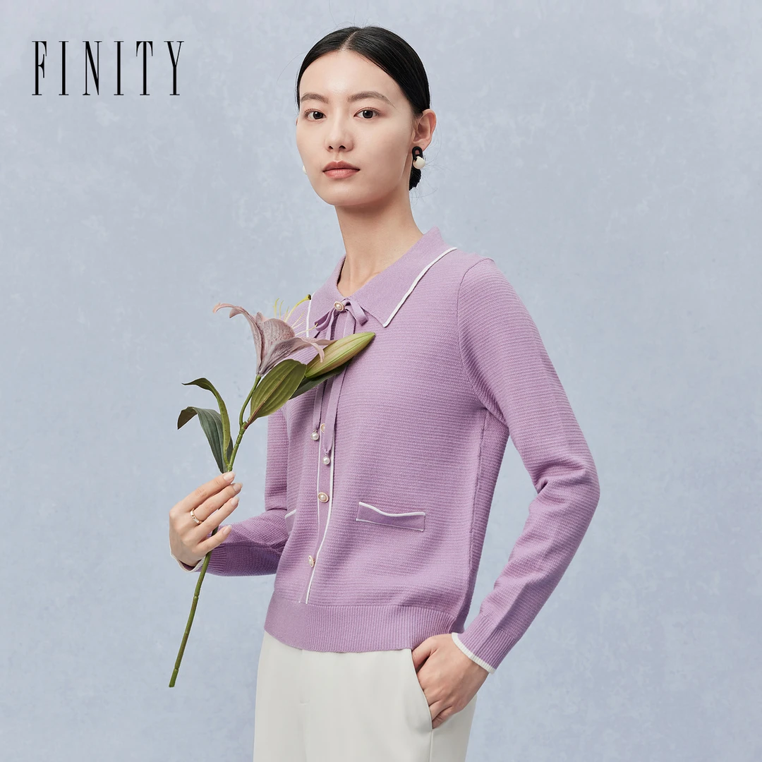 【籽言专属】FINITY 针织衫款翻领小香风系带粉紫毛衣 F21XCB20S5