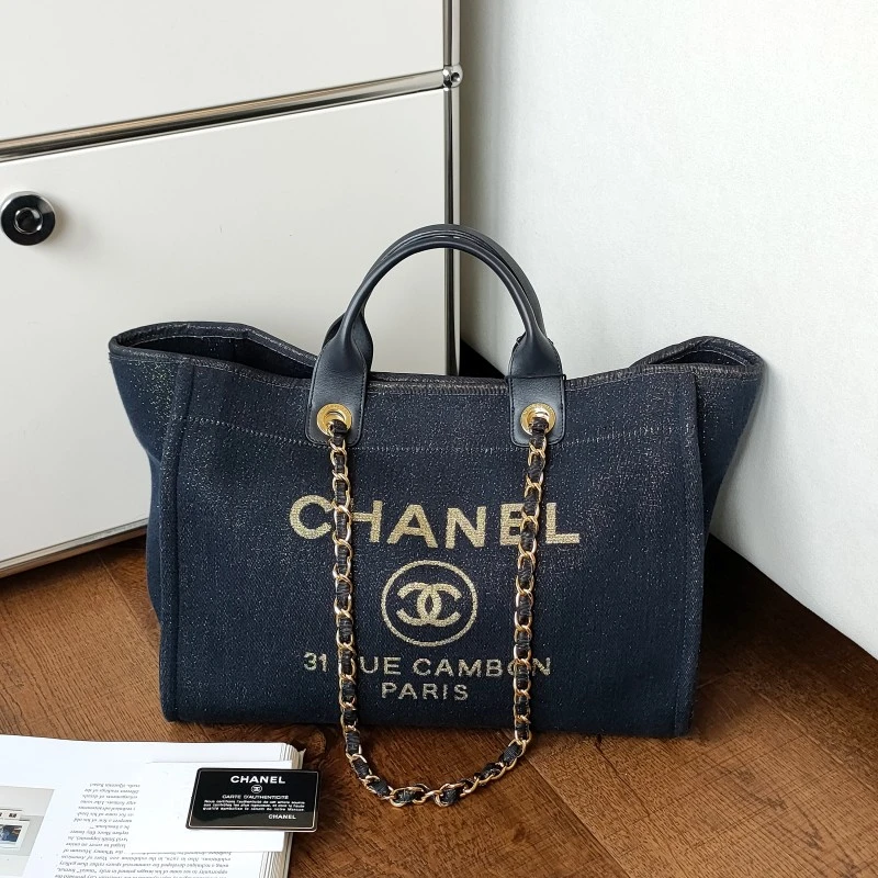 95新 Chanel/香奈儿 Azul-海军蓝布面手柄款沙滩中号手提包/50195