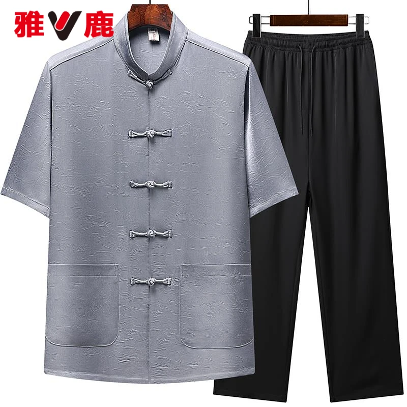 雅鹿爸爸装唐装夏季冰丝短袖衬衫男士上衣服休闲中年男士衬衣冰感