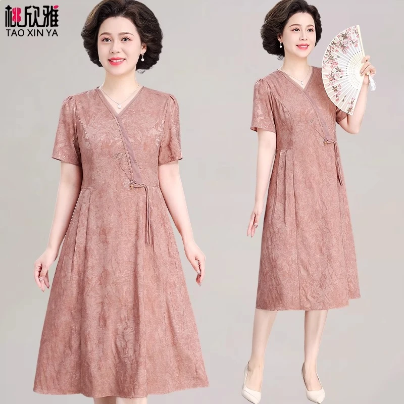 新中式妈妈夏装连衣裙洋气高贵2025新款中老年女夏季短袖国风裙子